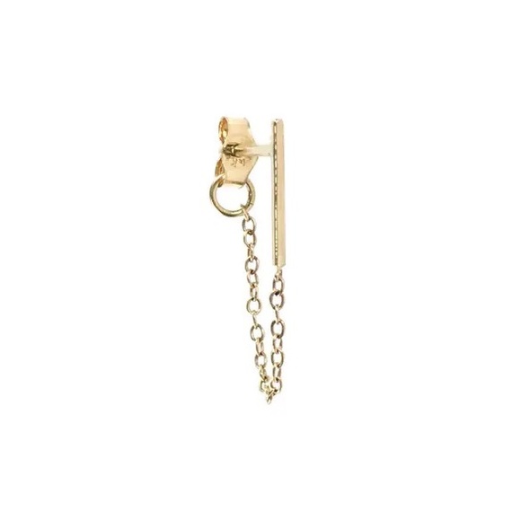 Solid 14k Yellow Gold Delicate Ballerina Bar Stud Chain Earring Dainty Piercing - Picture 4 of 6